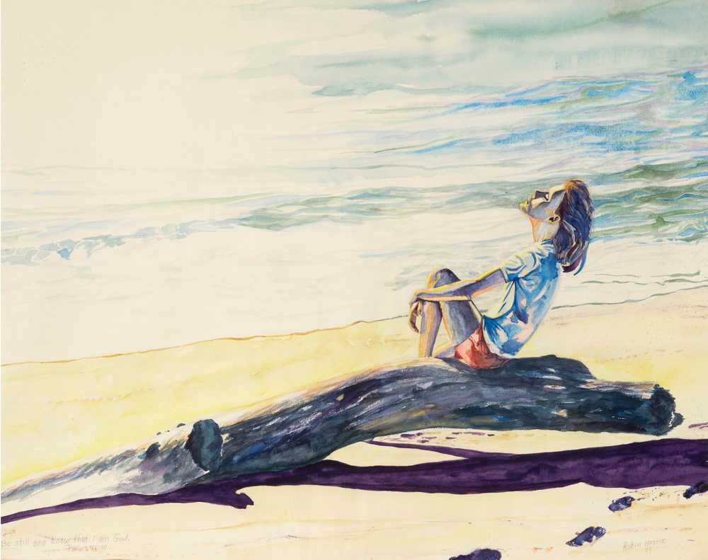 painting of woman sitting on drift wood
